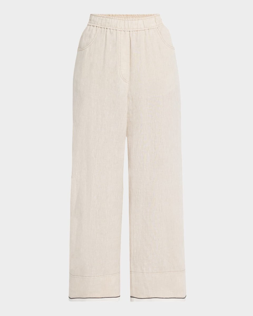 Monili-Trim Linen Wide-Leg Crop Pull-On Pants